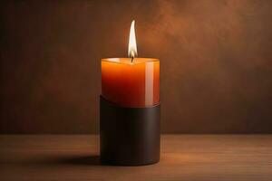 Burning aroma candle on wooden table against solid color background, copyspace. ai generative photo