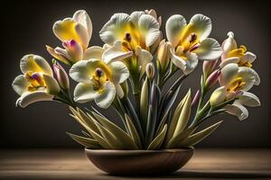 Bouquet of crocus and tulips on solid color background. ai generative photo