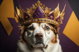 retrato de un linda perro en un dorado corona en un sólido color antecedentes. ai generativo foto