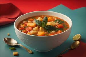 Vegetable soup in a bowl on wooden background. ai generative photo