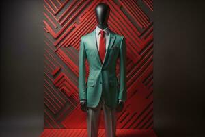 Stylish suits on mannequins on solid color background, closeup. ai generative photo