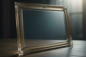 Glass picture frame on a solid color background. ai generative photo