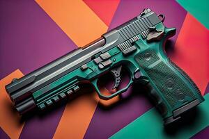 Semi-automatic handgun on a solid color background. Close-up. ai generative photo