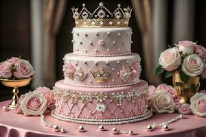 Wedding cake decorated with pink roses and gold crown on the table. ai generative photo
