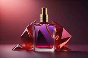 Creative and brandless Perfume bottle and flower on the wooden table, closeup. ai generative photo