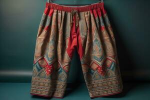 Men's shorts with a pattern on a solid color background. Studio shooting. ai generative photo