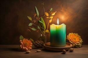 Creative burning candle on a wooden background. ai generative photo