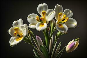 ramo de flores de azafrán y tulipanes en sólido color antecedentes. ai generativo foto