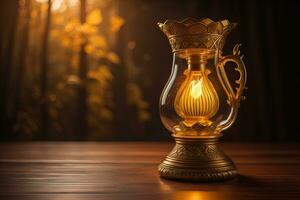 Lantern on a wooden table and a dark background. ai generative photo