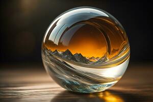 Transparent crystal ball on a wooden table. ai generative photo