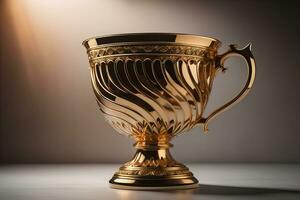 Golden trophy cup on wooden table. Award concept. ai generative photo