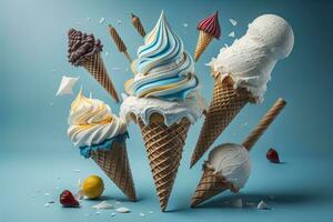 Ice cream in waffle cone on blue background, top view, flat lay. ai generative photo