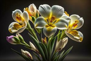 Bouquet of crocus and tulips on solid color background. ai generative photo