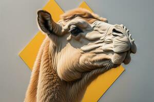 Camel head on solid color background, close up. Vintage style. ai generative photo