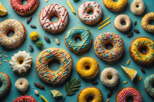 Variety of donuts on a solid color background. Top view. ai generative photo