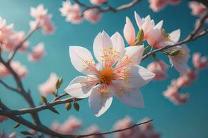 Cereza florecer sakura flor en azul cielo fondo, ai generativo foto