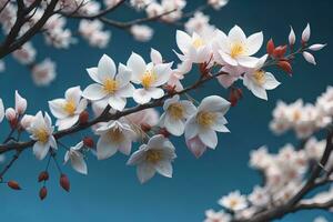 cherry blossom sakura flower on blue sky background, ai generative photo
