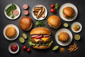 Hamburgers with french fries on wooden table, closeup. ai generative photo