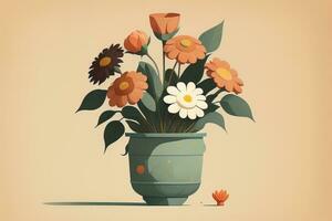Flowerpot with daisies. Vector illustration in retro style. ai generative photo