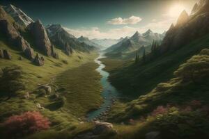 Beautiful fantasy landscape with a river in the mountains. ai generative photo