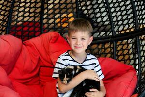 A little boy sits in a chair and holds a cat in his arms. photo