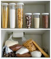 Kitchen cabinet collage before and after organization. photo