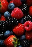 Background of fresh berries with splashes of water. Raspberries, blueberries, strawberries and blackberries. Generative AI photo