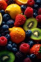 Background of fresh berries and fruits. Raspberry, blueberry, strawberry, kiwi, lemon and blackberry. Generative AI photo