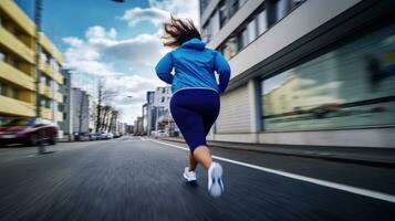 un rechoncho mujer en un azul traje carreras a lo largo el la carretera en el calle. deporte y peso pérdida concepto. generativo ai foto