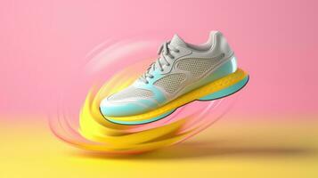 Multicolored sneakers with soles. The concept of bright trendy sneakers on a pink background. . Generative AI photo