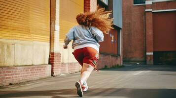 un rechoncho mujer con rojo pelo carreras a lo largo el la carretera en el calle. deporte y peso pérdida concepto. generativo ai foto