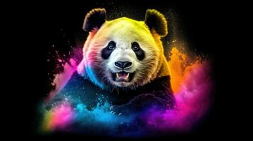 Portrait of a panda on a black background with colorful splashes. Generative AI photo