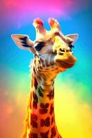 Giraffe on a rainbow background. Generative AI photo