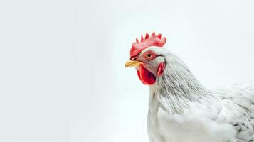 White chicken on a white background. Copy space. Generative AI photo