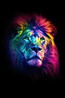 Lion coloring rainbow on a black background. Generative AI photo