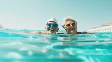 Two seniors or mature people together hugged in the blue water of the swimming pool . Generative AI photo