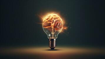 Light bulb with human brain inside on dark background. Generative AI photo