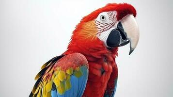 A beautiful bird Greenwinged Macaw isolate on white background. Red parrot portrait. Generative AI photo