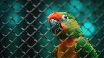 A beautiful parrot sits behind a fence in a zoo. Generative AI photo