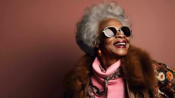 Fashion stylish Senior african american woman in sunglasses. Copy space. Generative AI photo