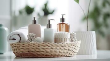 Basket with dispensers of liquid soap and shower gel. Organization of space in the bathroom. photo