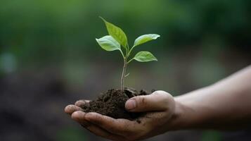 Two hands hold the earth with a plant sprout. Hands holding sapling in soil photo