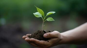 dos manos sostener el tierra con un planta brote. manos participación árbol joven en suelo foto