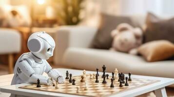 A small white toy robot sits and plays chess. Artificial intelligence plays board games. photo