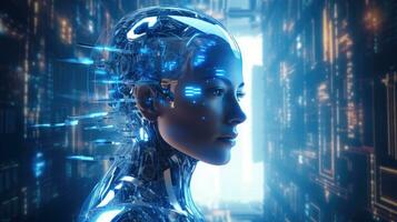 Humanoid robot woman network connection. Abstract head graph of a person with of artificial intelligence and machine learning photo
