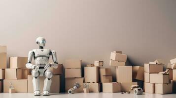 The robot sits on cardboard boxes. The concept of moving or breaking the site. Copy space. photo