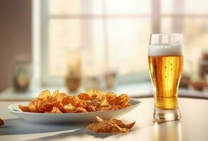 A glass of beer and plates of chips on a table top against a blurred kitchen background. photo