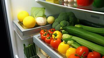 Fresh vegetables in refrigerators  tomatoes, cucumbers, peppers, broccoli, sweet potatoes. Healthy food concept. photo