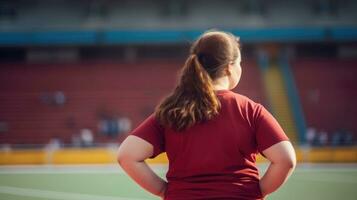 A fat woman with her back runs in the stadium. Weight loss concept photo