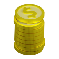 3D rendering of shiny stack of gold coins with sign of American dollar. Symbol of Success, wealth, income. Realistic PNG illustration isolated on transparent background